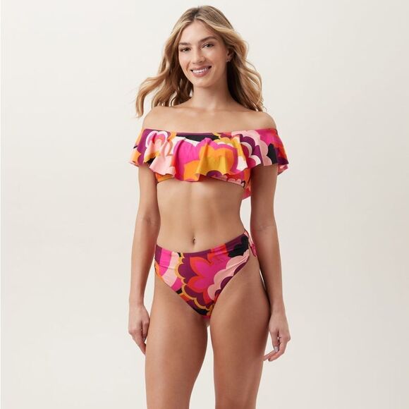 NWT-TRINA TURK-WOMEN'S FAN FAIRE OFF THE SHOULDER RUFFLE BANDEAU SWIM TOP-SIZE 6 - Picture 4 of 14